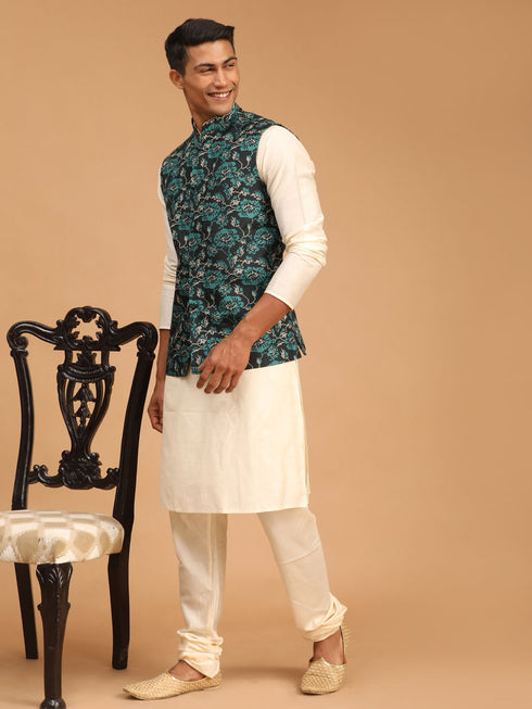 Men's Green Printed Nehru Jacket With Cream Solid Kurta & Pyjama Set